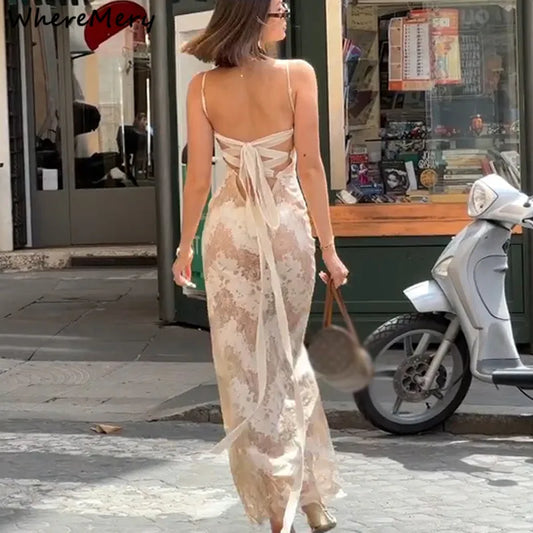 WhereMery New Bandage Backless Print Maxi Dress Elegant Spaghetti Straps Sleeveless Dresses Fashion 2023 Evening Party Club Robe