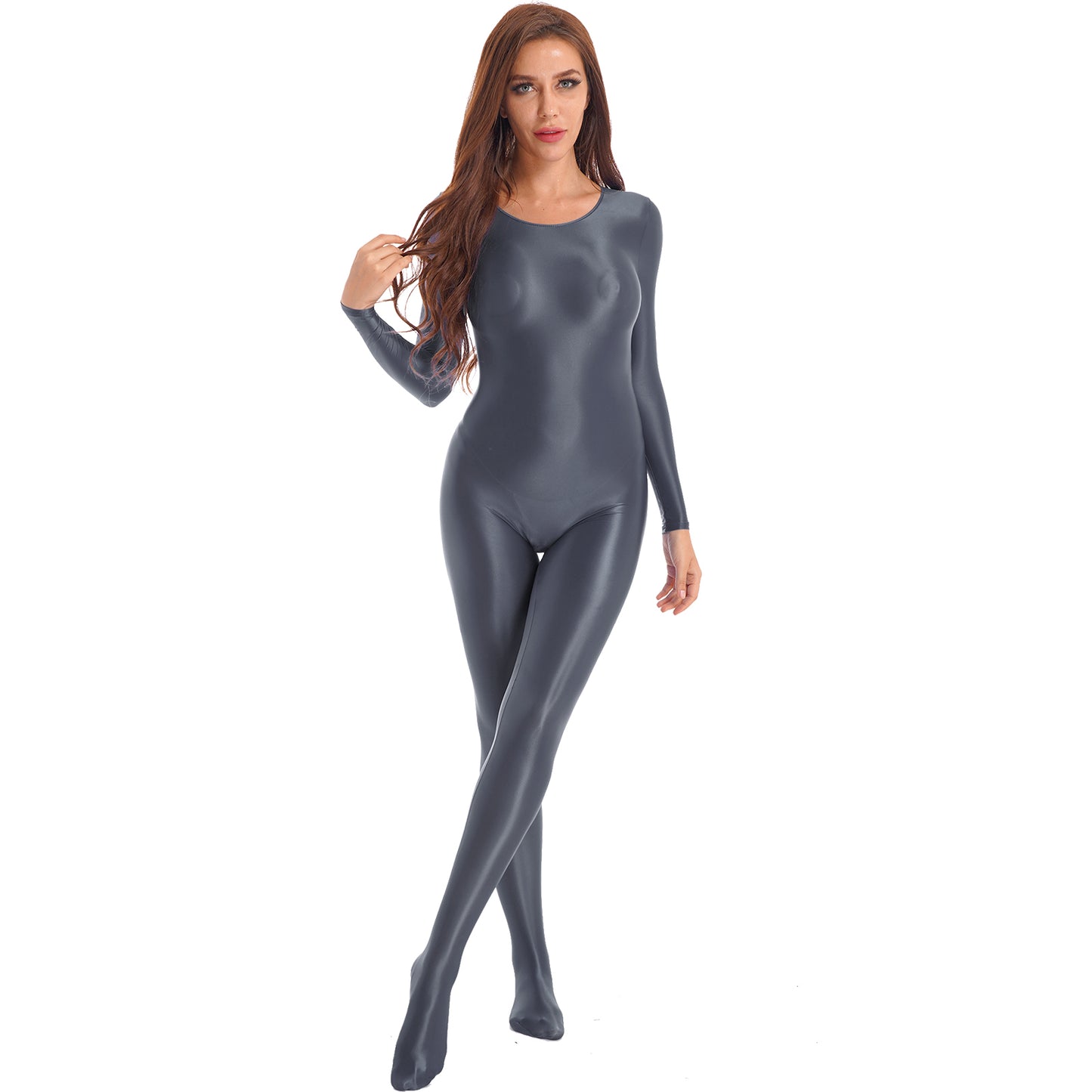 Womens Oil Glossy Bodysuit One Piece Swimwear Long Sleeve Teddies Stretchy Jumpsuit Bodystocking Rave Party Clubwear Swimwear