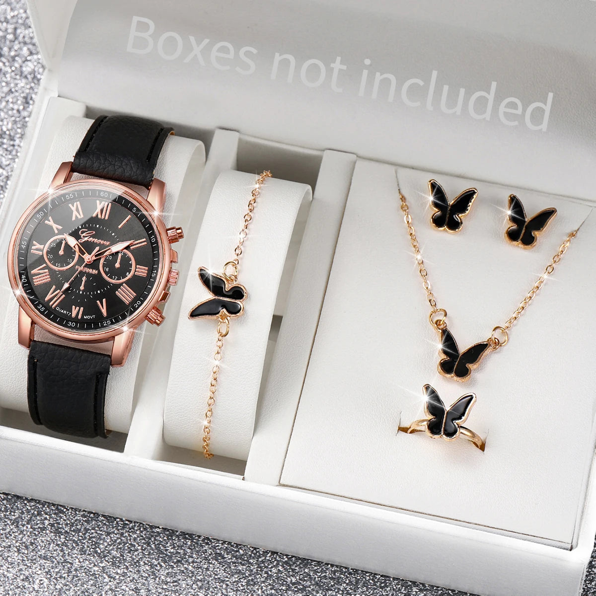 5/6PCS Fashion Women's Quartz Watch Leather Band Analog Wrist Watches Heart Rhinestone Jewelry Set(Without Box) Viralgem Store