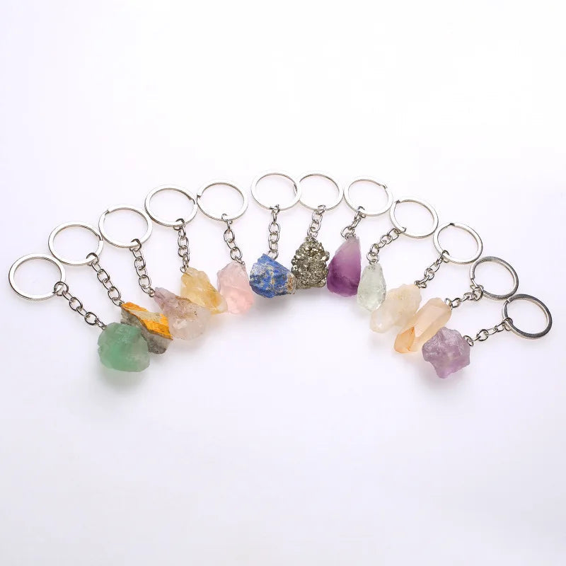 20pcs Natural Rough Raw Stone Crystal Quartzs Keychain Women Men Handbag Hangle Car Key Holder Raw Mineral Stone KeyRing Jewelry Viralgem Store