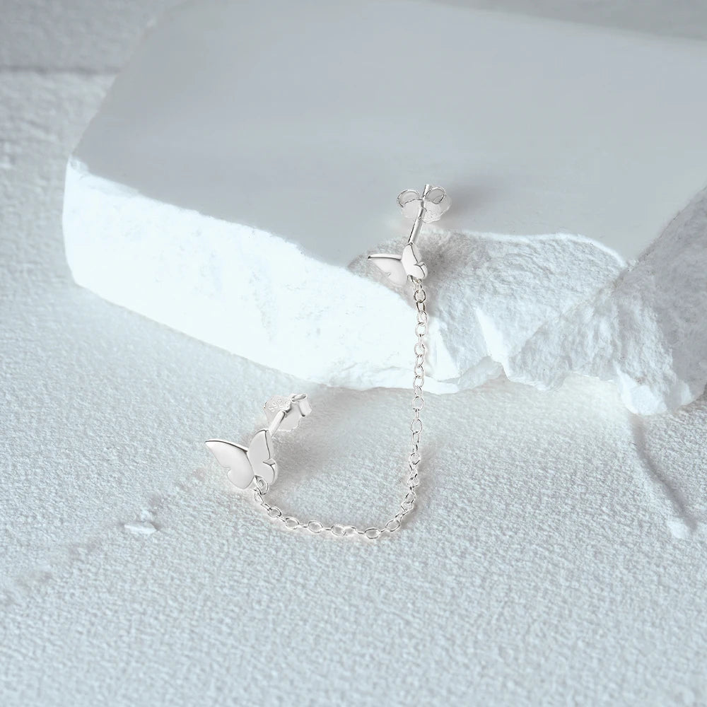 Aide 925 Sterling Silver 1pc Four Zircons Charm Chain Tassel Earrings For Women Double Studs Sparkling CZ Pave Cartilage Clips