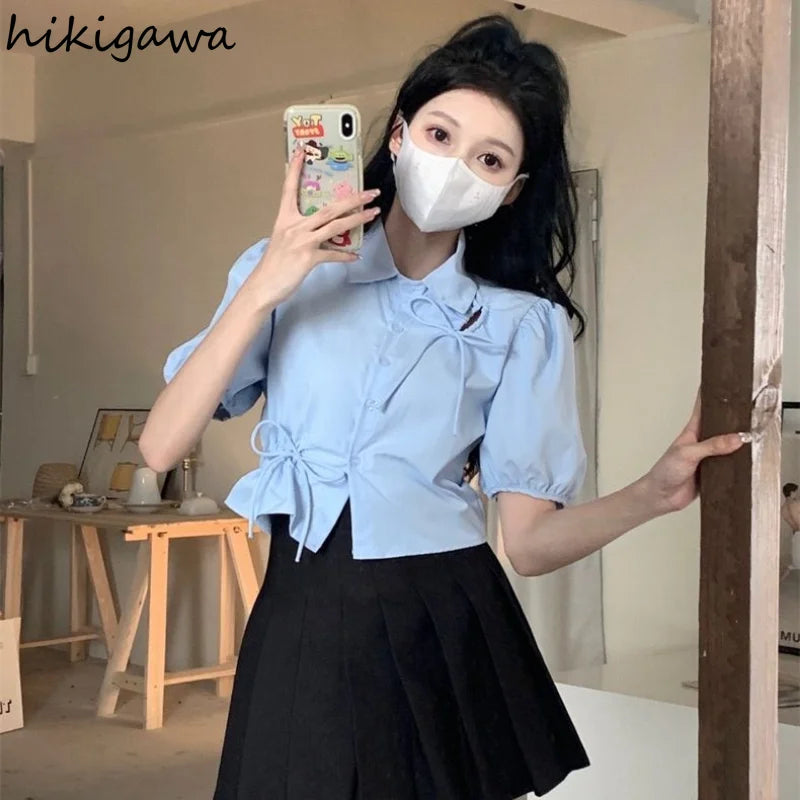 2023 Blusas De Mujer Puff Sleeve Tunic Bow Blouses Women Clothing Crop Tops Hollow Out Folds Summer Shirts Chic Vintage Blouse