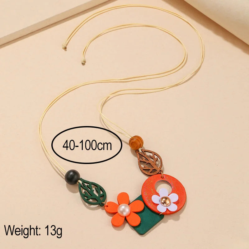 Vintage Ethnic Geometric Wooden Bib Necklace Women Wood Leaves Flower Collar Handmade Adjustable Choker Long Necklaces Pendants Viralgem Store