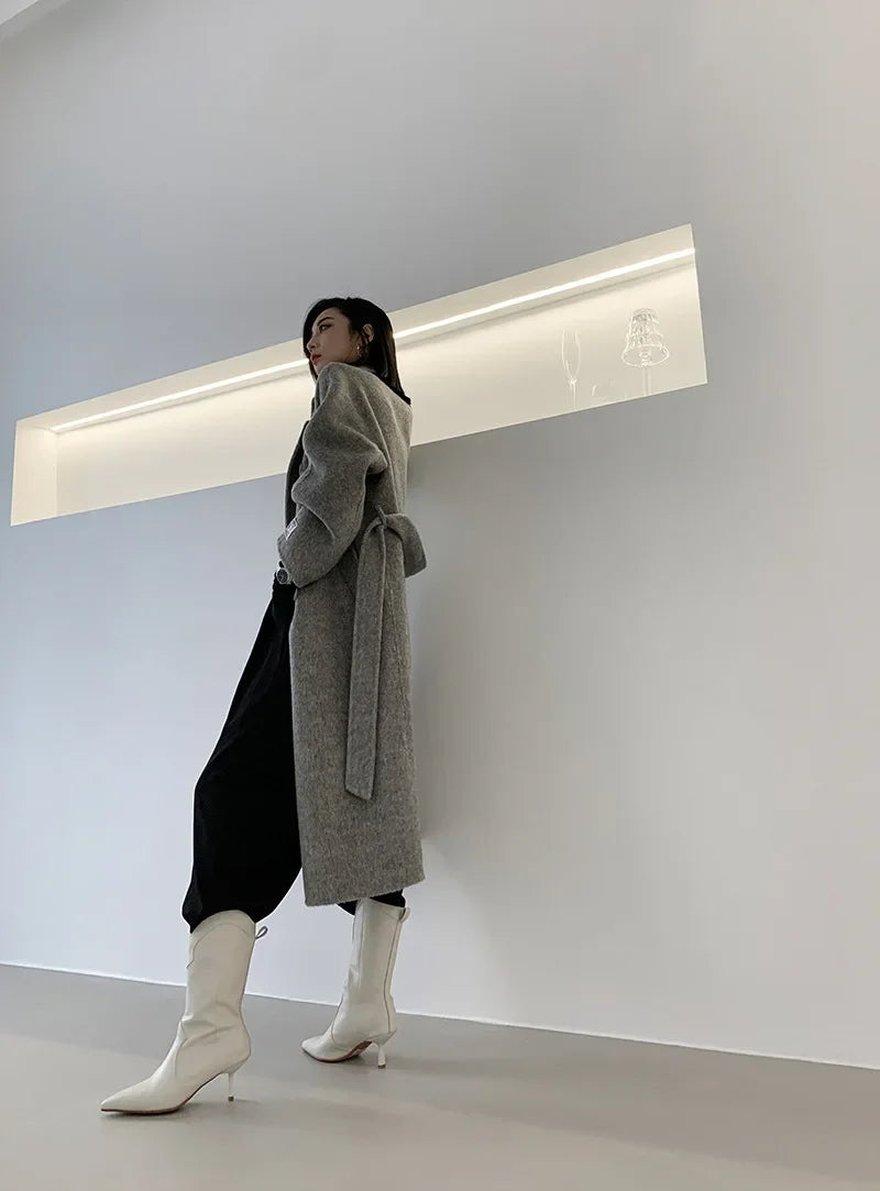 2024 Autumn Winter Wool Coat Women Double-breasted Solid Color Women's Double-sided Woolen Belt Coats Loose Warm Wool Jacket