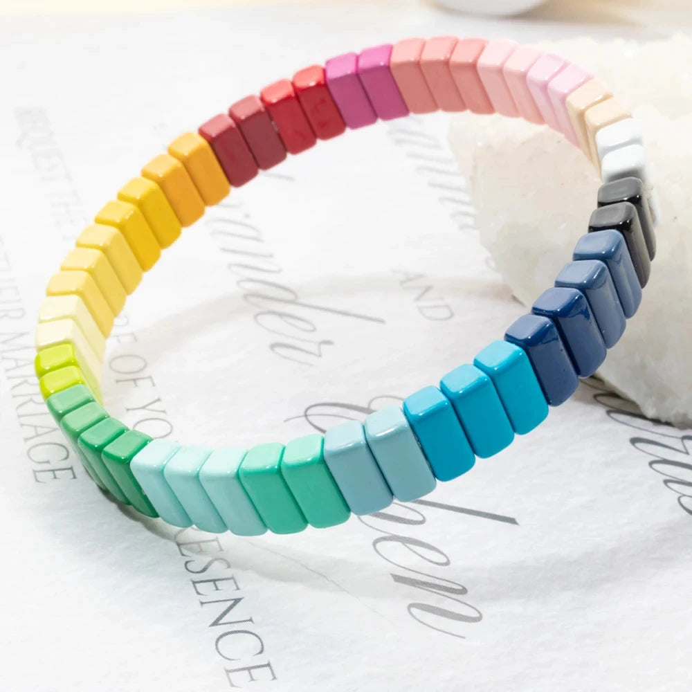 4X8MM Enamel Bracelets Wholesale Colorful Elastic Bangle Handmade Rainbow Beads Jewelry