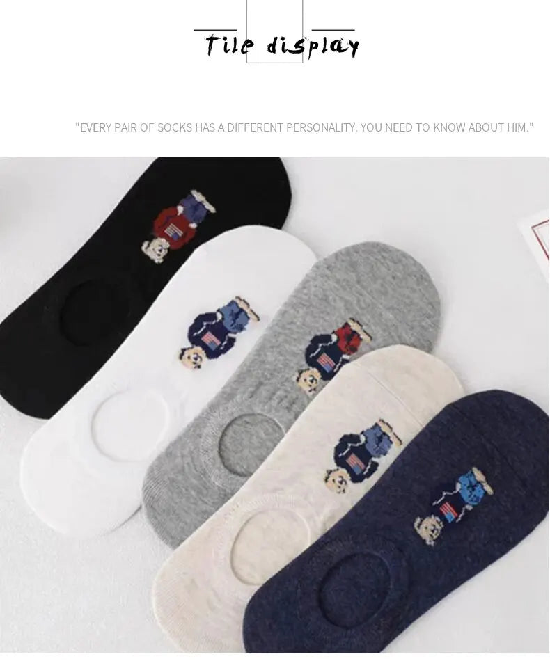 5 Pairs of Super Cute Bear Embroidered Cartoon Bear Boat Socks, Soft and Comfortable, Sweat Wicking and Versatile Short Socks