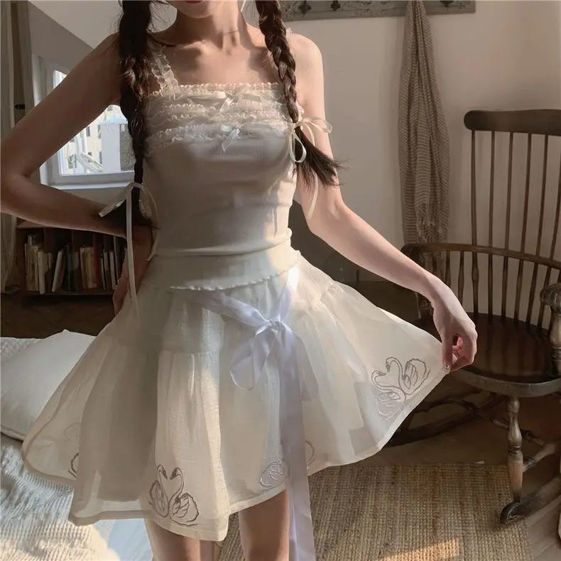 2023 Ropa Mujer Sweet Crop Tops Women's Clothing Bow Lace Sling Vest Tunic Fashion Korean Tanks Summer Sexy Cute Y2k Top 7j530