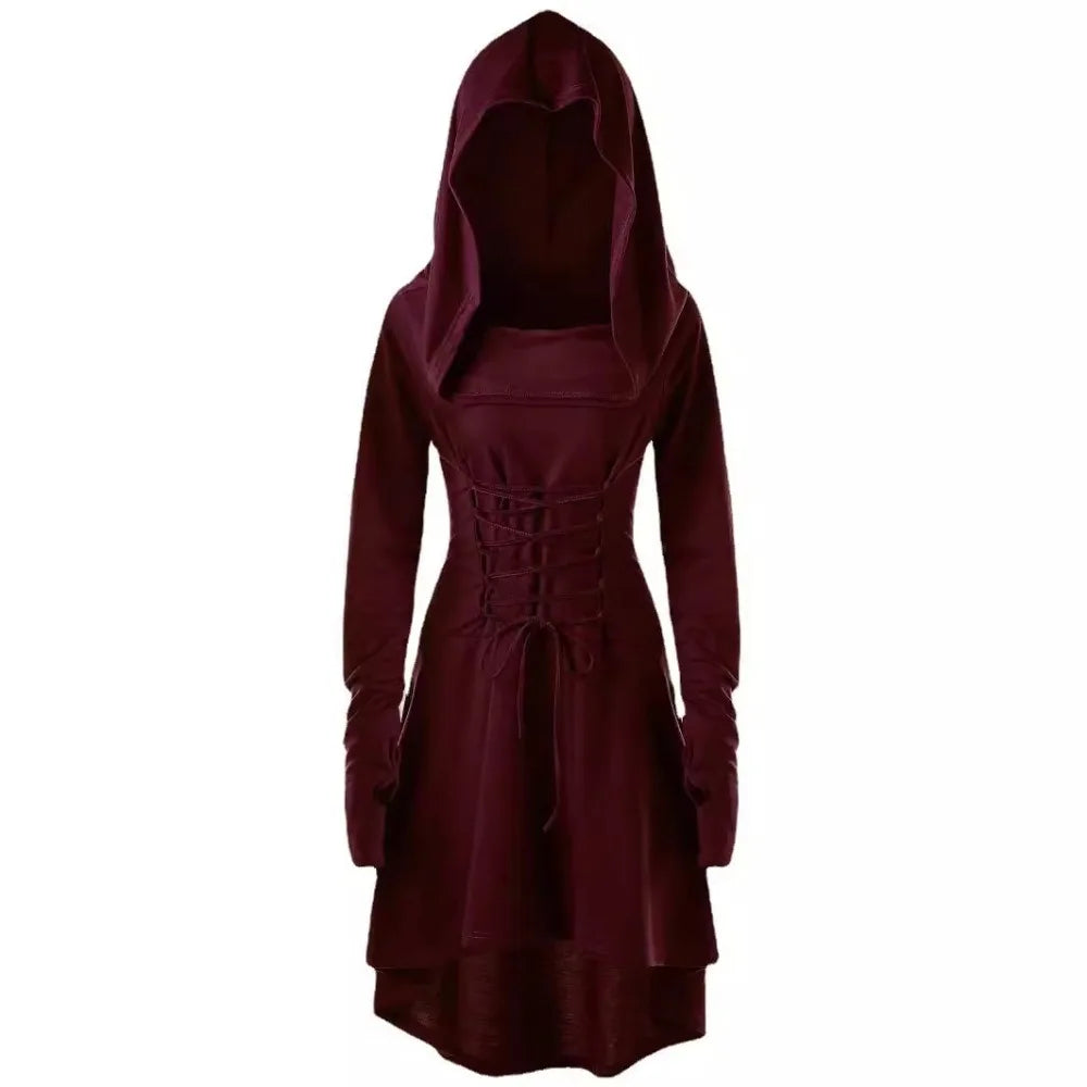 Vintage Womens Cosplay Medieval Renaissance Archer Costumes Hooded Robe Lace Up Pullover Long Hoodie Dress Cloak Halloween Party Viralgem Store