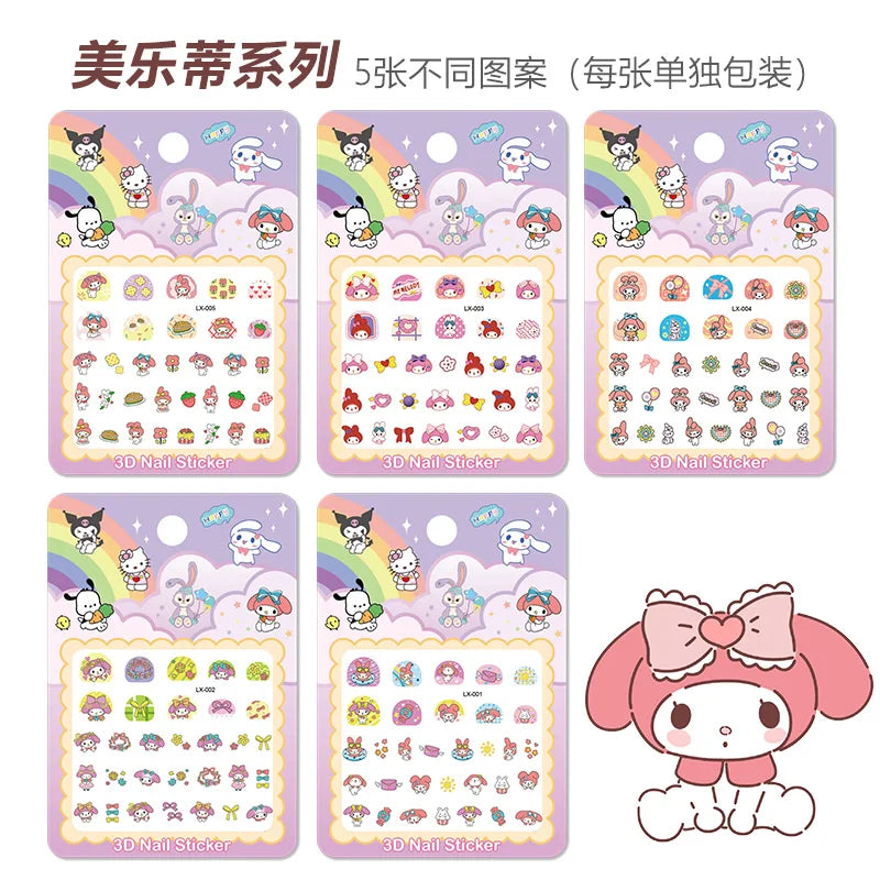 5pcs/set Children Cartoon Luminous Nail Stickers Sanrio Hello Kitty Melody Kuromi Glow In The Dark Adhesive Slider Manicure Deca