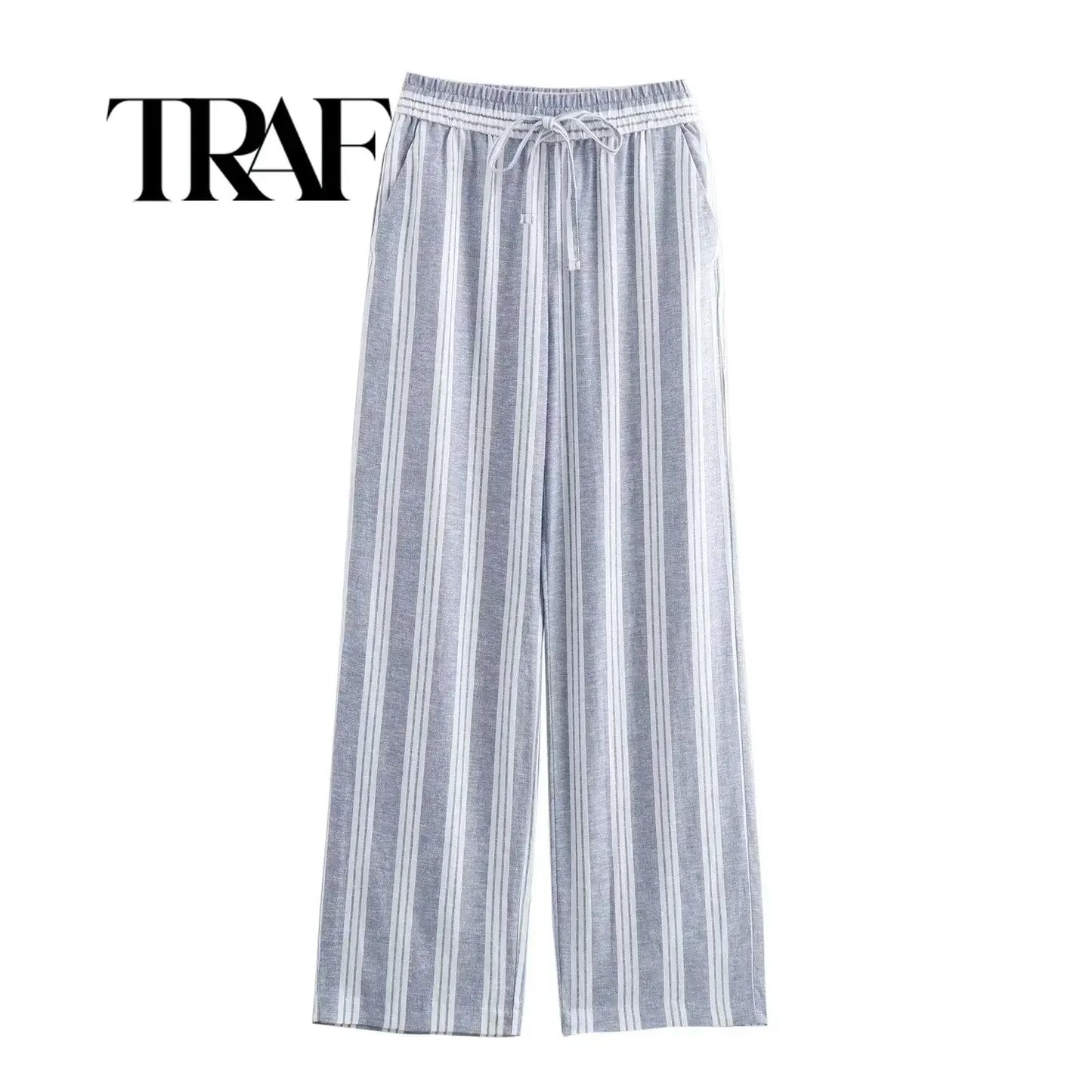 TRAF 2024 Women's Linen Blend Striped Casual Pants Dress Baggy Woman High Waist Cargo Clothes Promotion Official Store