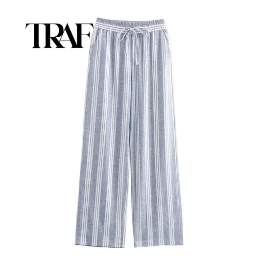 TRAF 2024 Women's Linen Blend Striped Casual Pants Dress Baggy Woman High Waist Cargo Clothes Promotion Official Store