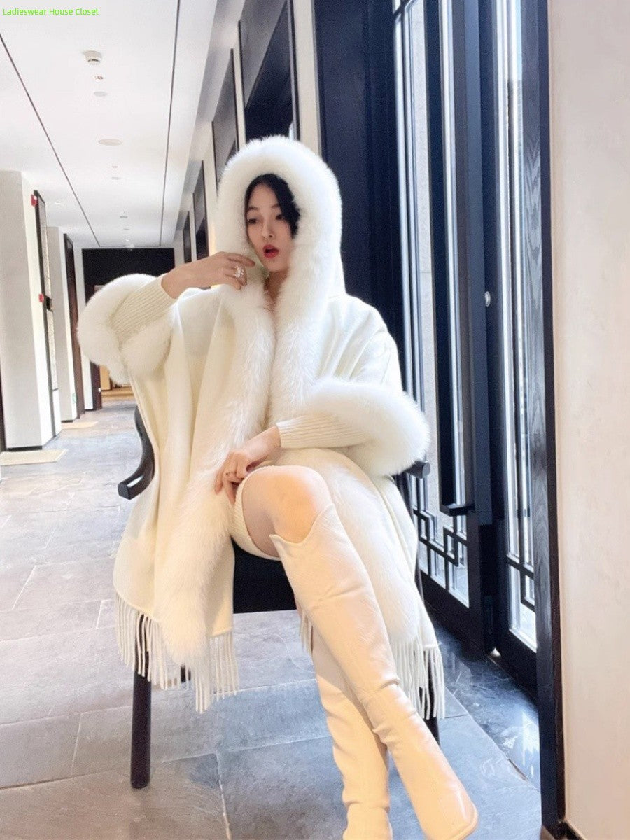 Thickened All-Matching Double-Sided Hooded Large Fur Collar Cape and Shawl