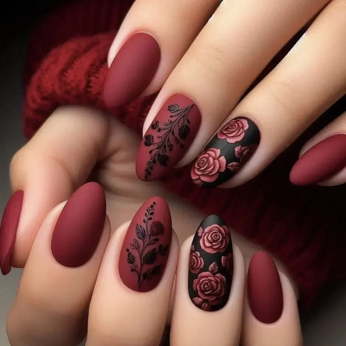 24Pcs Autumn Winter Matte Almond False Nails with Glue Rose Leaf Printing Nail Art Simple Full Cover Press on Acrylic Nails Tips Viralgem Store