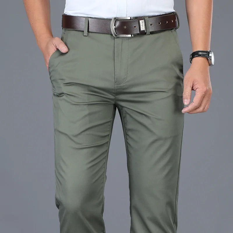 Spring Summer Cotton Casual Pants Mens Clothing Straight Business Green Black Khaki Trousers Male Brand 2022