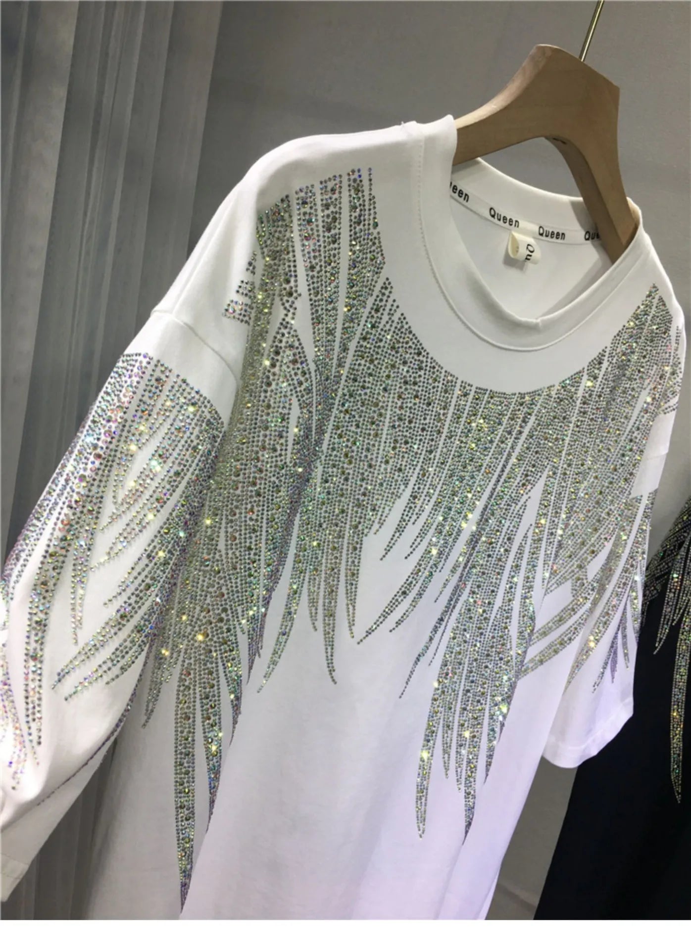 Women Tops Sequin Print Tees Round Neck Half Sleeve Loose Casual Regular Splice T Shirts Simple Hot Drilling Mid Length Top