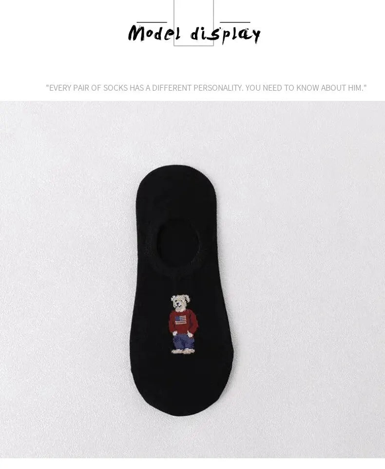 5 Pairs of Super Cute Bear Embroidered Cartoon Bear Boat Socks, Soft and Comfortable, Sweat Wicking and Versatile Short Socks