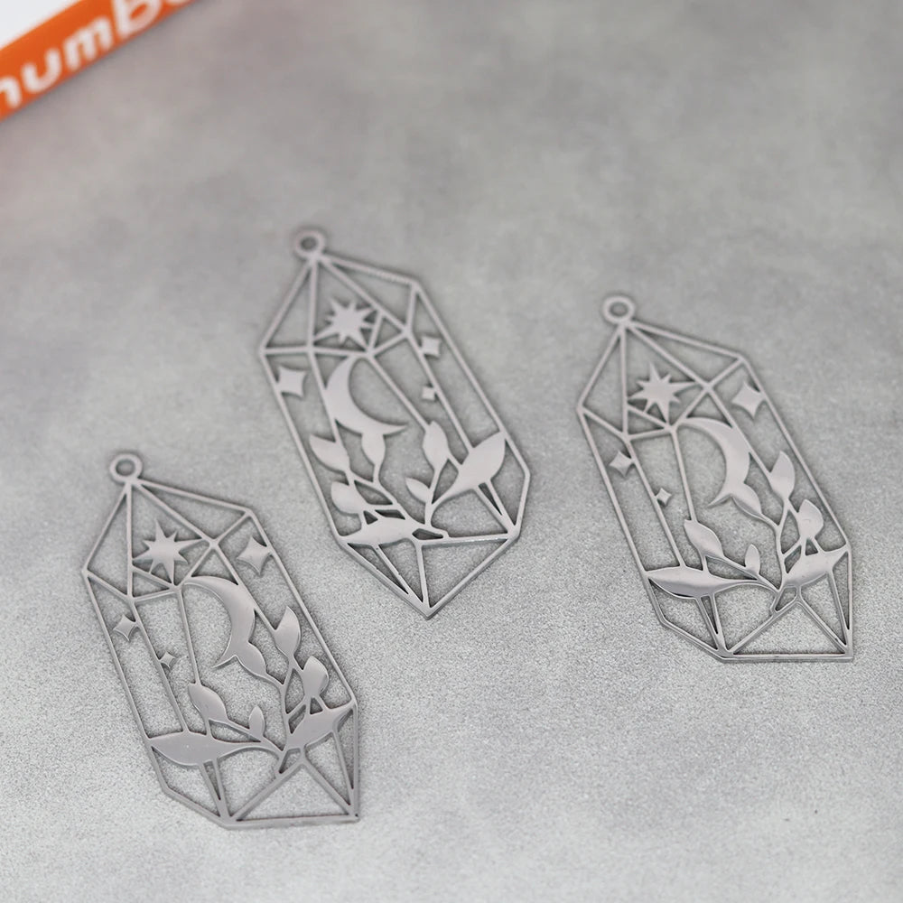 3X Art Line Crystal Moon Leaf Charm Stainless Steel Pendant for Jewelry Making DIY Craft Vintage Tassels Earrings Necklace Women