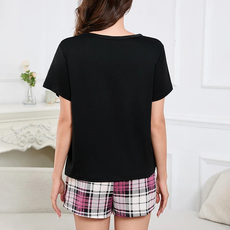 3-Piece Women's Checkered Printing Pajamas Set Soft & Comfy Crew Neck Tee Elastic Shorts & Lounge Pants Sleepwear Home Clothing