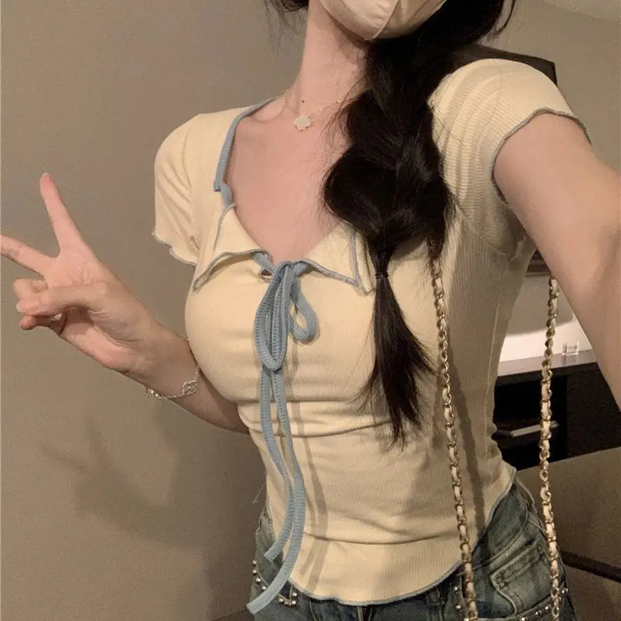 Sweet Spicy Girl Style Tie Straps V-neck Women's Knitted T-shirt Show Slim Figure Short Sleeved Tops Youth Elegant