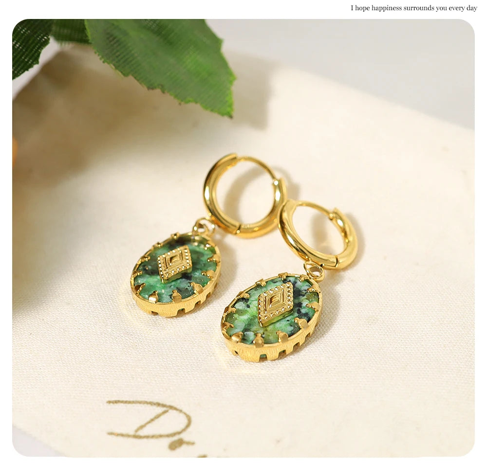WILD & FREE 18K Gold Plated Natural Stone Stainless Steel Drop Earrings for Women Green African Turquoise Charm Vintage Jewelry