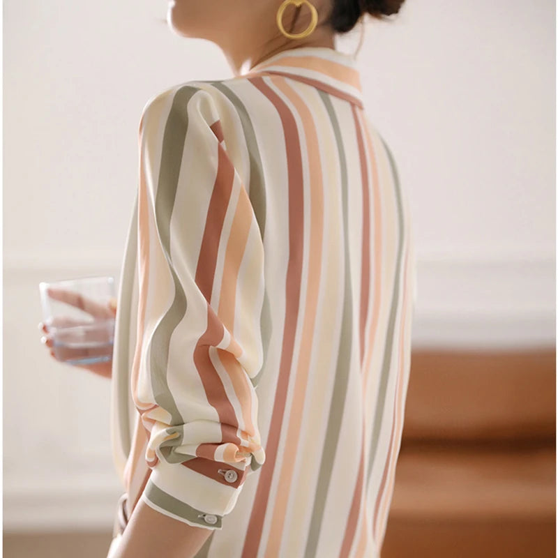 Stripe Women Shirt Satin Vintage Shirt for Women 2023 Autumn Clothes Korean Fashion Shirts and Blouses Basic Elegant Womens Tops Freshlook Styles