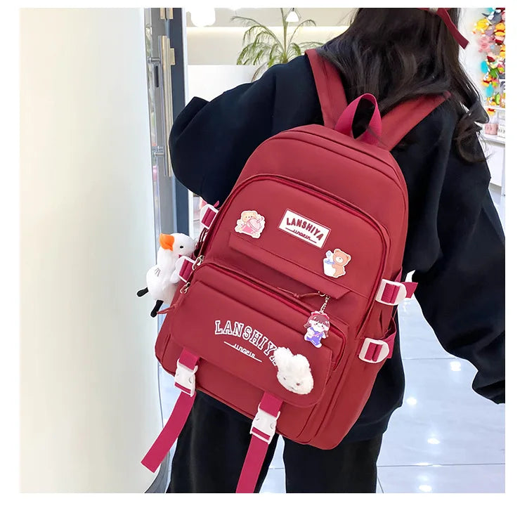 5-piece Set of Free Pendants Forest Style Korean Version Casual Harajuku Student Backpack for High School Girls Large Capacity Viralgem Store