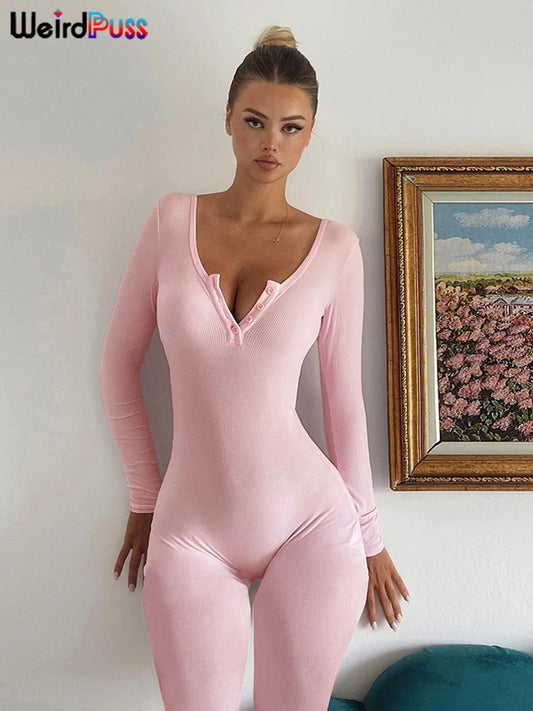 Weird Puss Fitness Button Low-Neck Casual Jumpsuit Women Autumn Fashion Ribbed Stretch Full Sleeve Basic Body-Shaping Overalls
