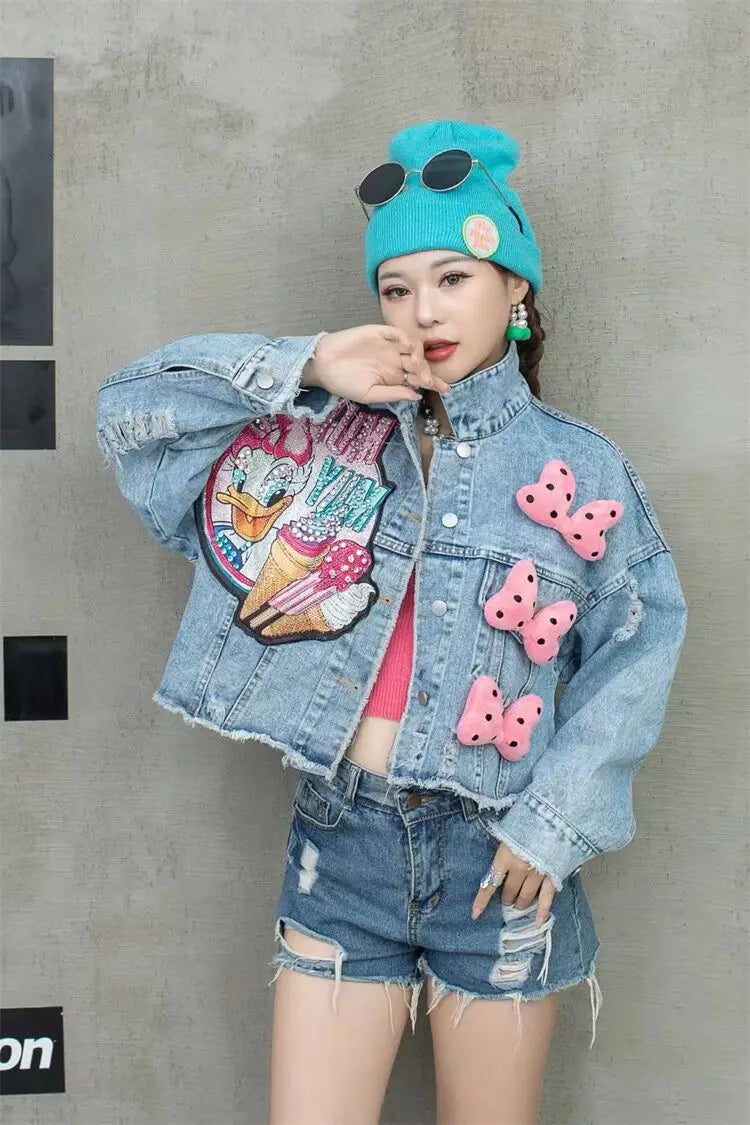 2024 New Women Coat Cartoon Sticker Embroidered Sequin Short Denim Jacket Loose Bowknot Top