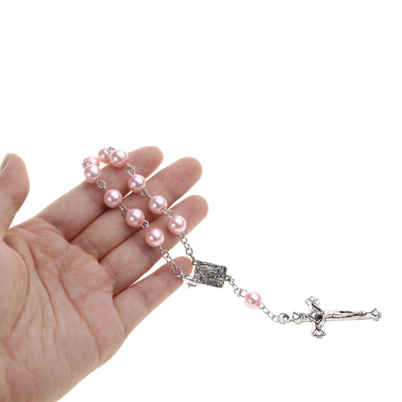 8mm Pearl Finger Rosaries Baptism Rosary Favor Small Rosary with Crosses Party Favor for Communion Baptism Wedding Party