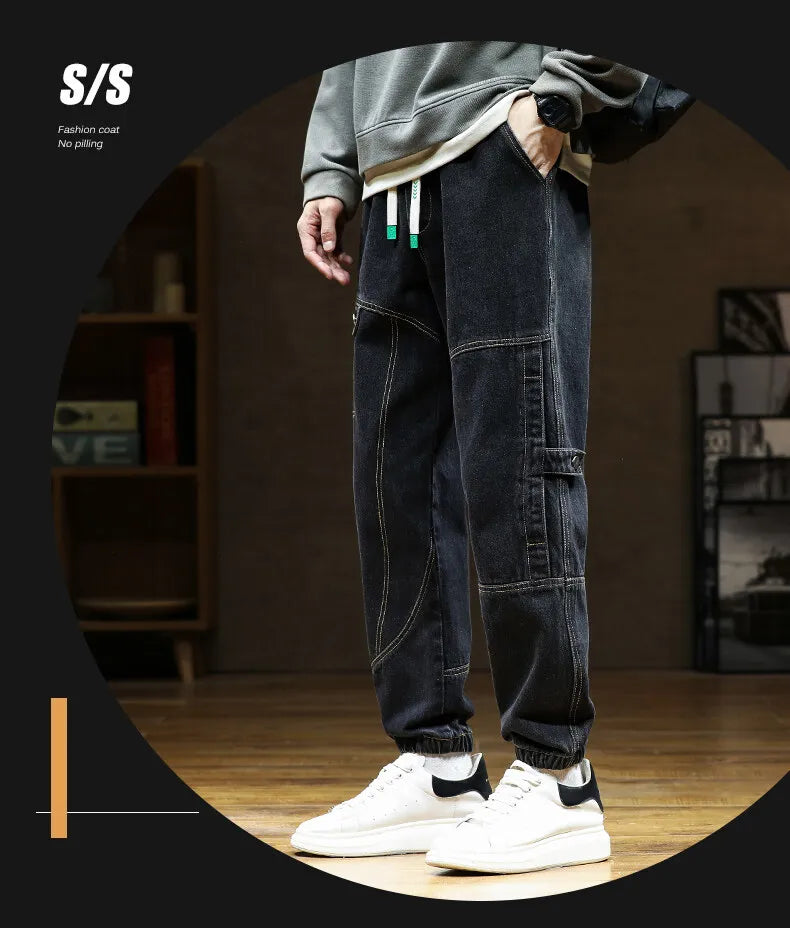 Spring Autumn Jean Men Elastic Waist Harem Hip-hop Denim Pant Male Street Fashion Big Size Loose Fit Baggy Jogger Cowboy Trouser