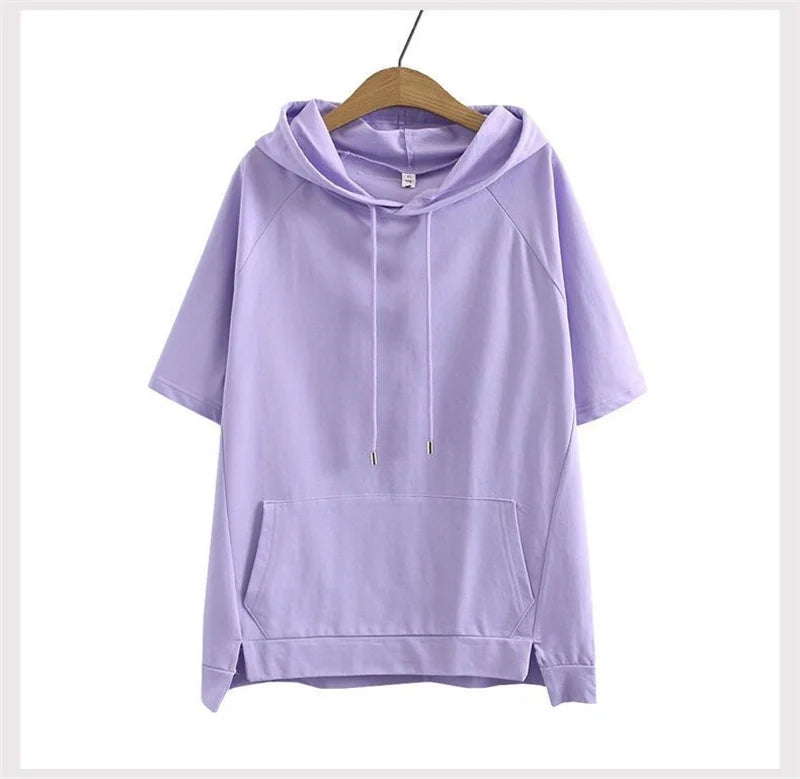 2023 Oversize 4XL Loose Sweatshirts Women Cotton Hoodies Summer Short-sleeves Thin Tees Female Casual Pullover Tops Outerwear