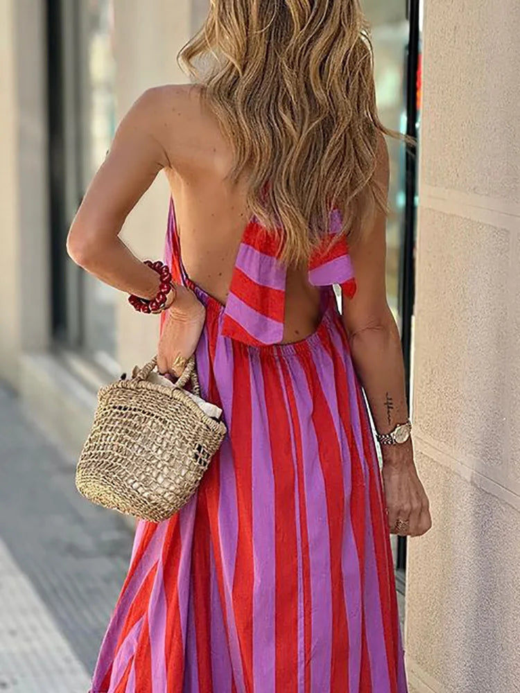 Striped Printing Sexy Fashion Party Dress, Women Summer Elegant Backless Simple Maxi Dress, 2024 Halter Sleeveless Ladies Dress