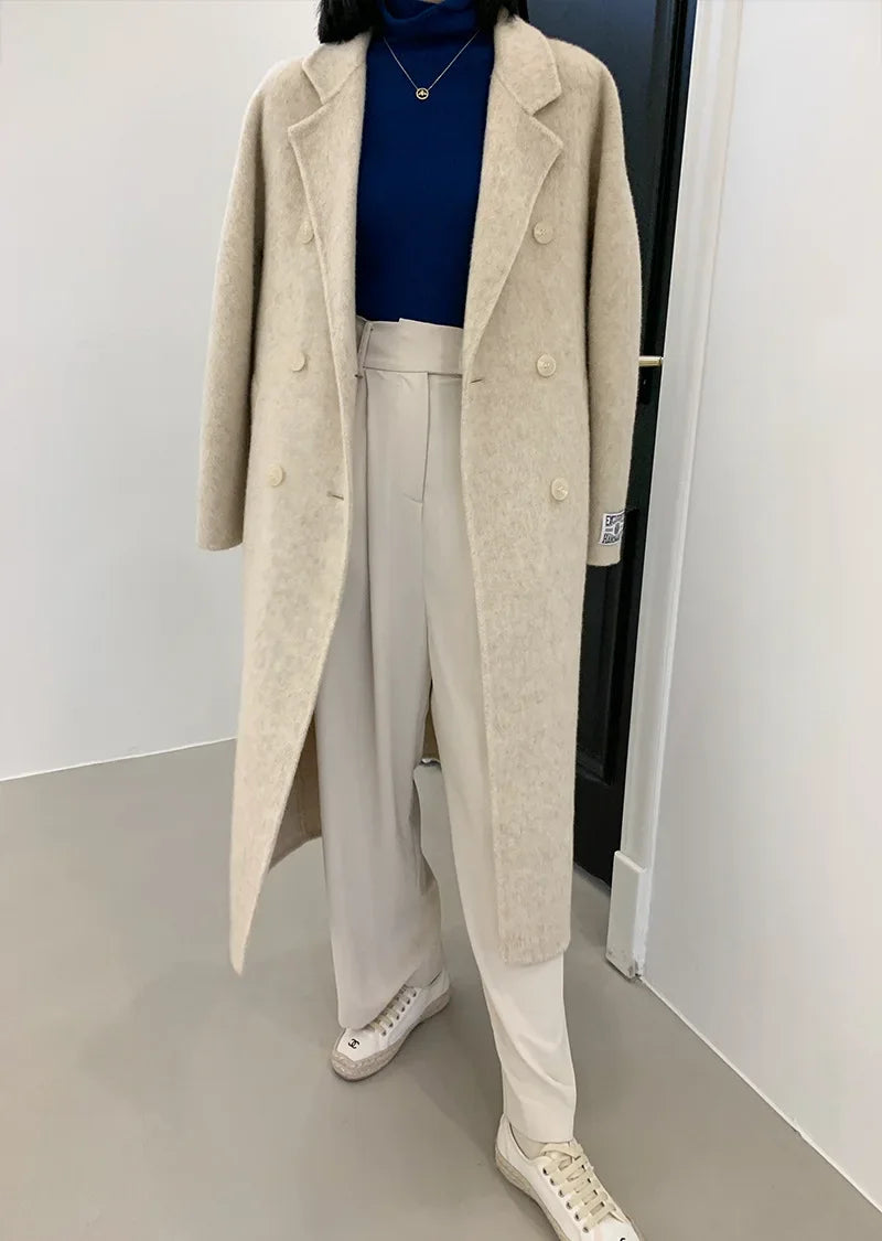 2024 Autumn Winter Wool Coat Women Double-breasted Solid Color Women's Double-sided Woolen Belt Coats Loose Warm Wool Jacket