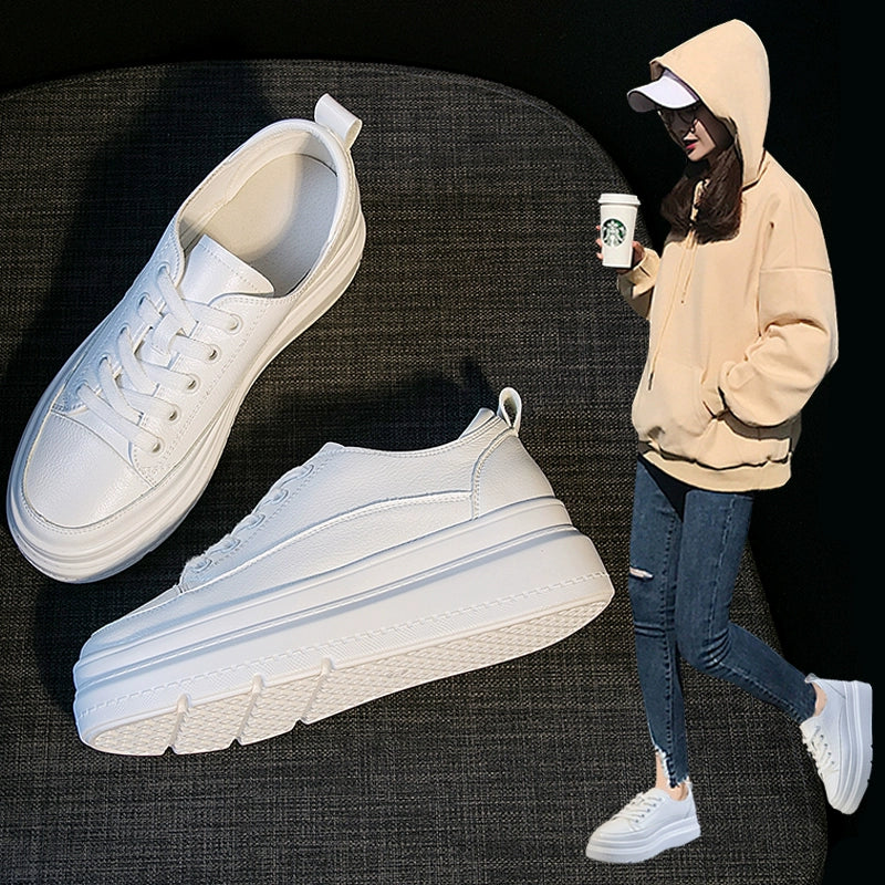White Shoes Women's Spring New New Arrival Easiest for Match Breathable Thick Sole Ins Street Shooting Genuine Leather Elevator Casual Board Shoes Fashion