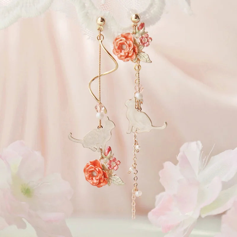 2022 New Korean Style Flower Asymmetrical Dangle Earrings for Women Shiny Rhinestone Long Tassel Cute Cat Earring Sweet Jewelry Viralgem Store