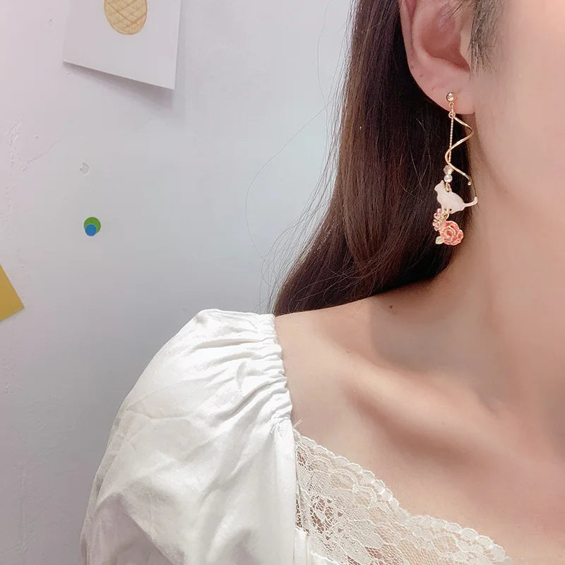 2022 New Korean Style Flower Asymmetrical Dangle Earrings for Women Shiny Rhinestone Long Tassel Cute Cat Earring Sweet Jewelry Viralgem Store