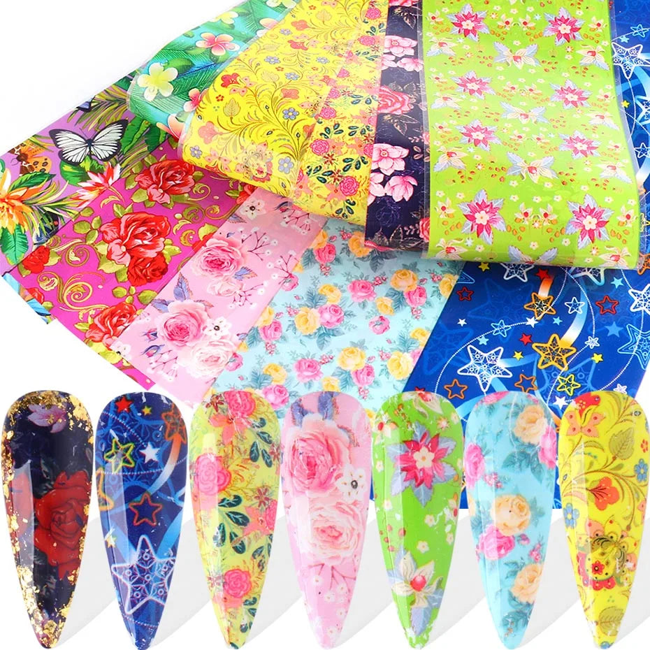 10Pcs Hologram Transfer Foil Nails Laser Stars Holographic Nail Stickers Mermaid Tail Sliders Metallic Gel Polish Wraps NLXKY01