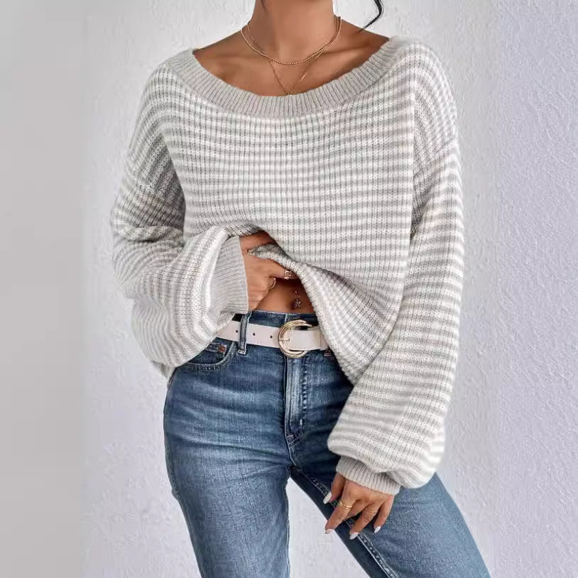 Women's Off-neck Shoulder-baring Sweater Contrast Color Viralgem Store
