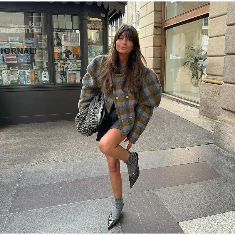 Women's Retro Contrast Color Check Coat Viralgem Store