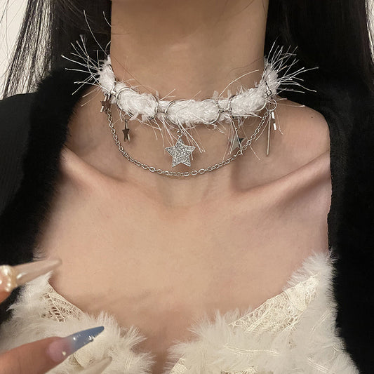White Plush Choker XINGX Double Layer Necklace