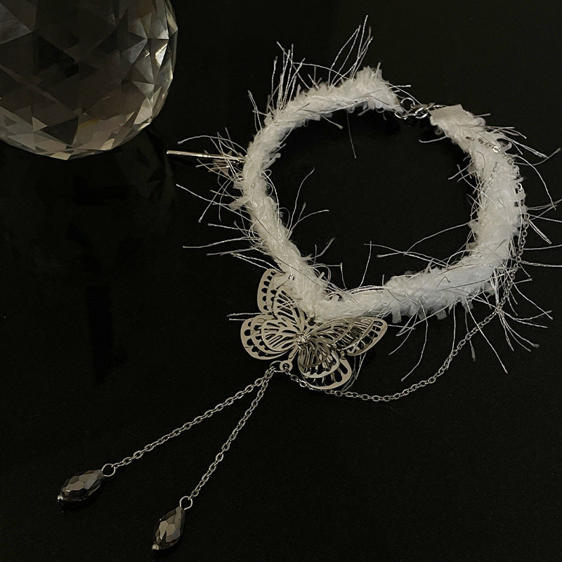 White Plush Choker Butterfly Water Drop Tassel Necklace Viralgem Store
