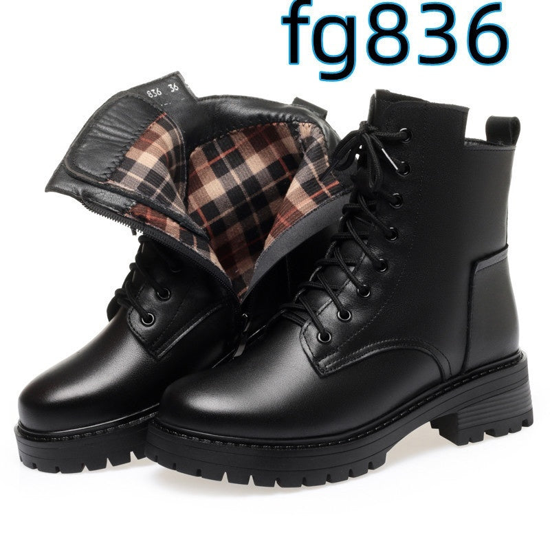 Women's Round Toe Cotton-padded Side Zipper Low Heel Casual Cowhide Shoes Viralgem Store