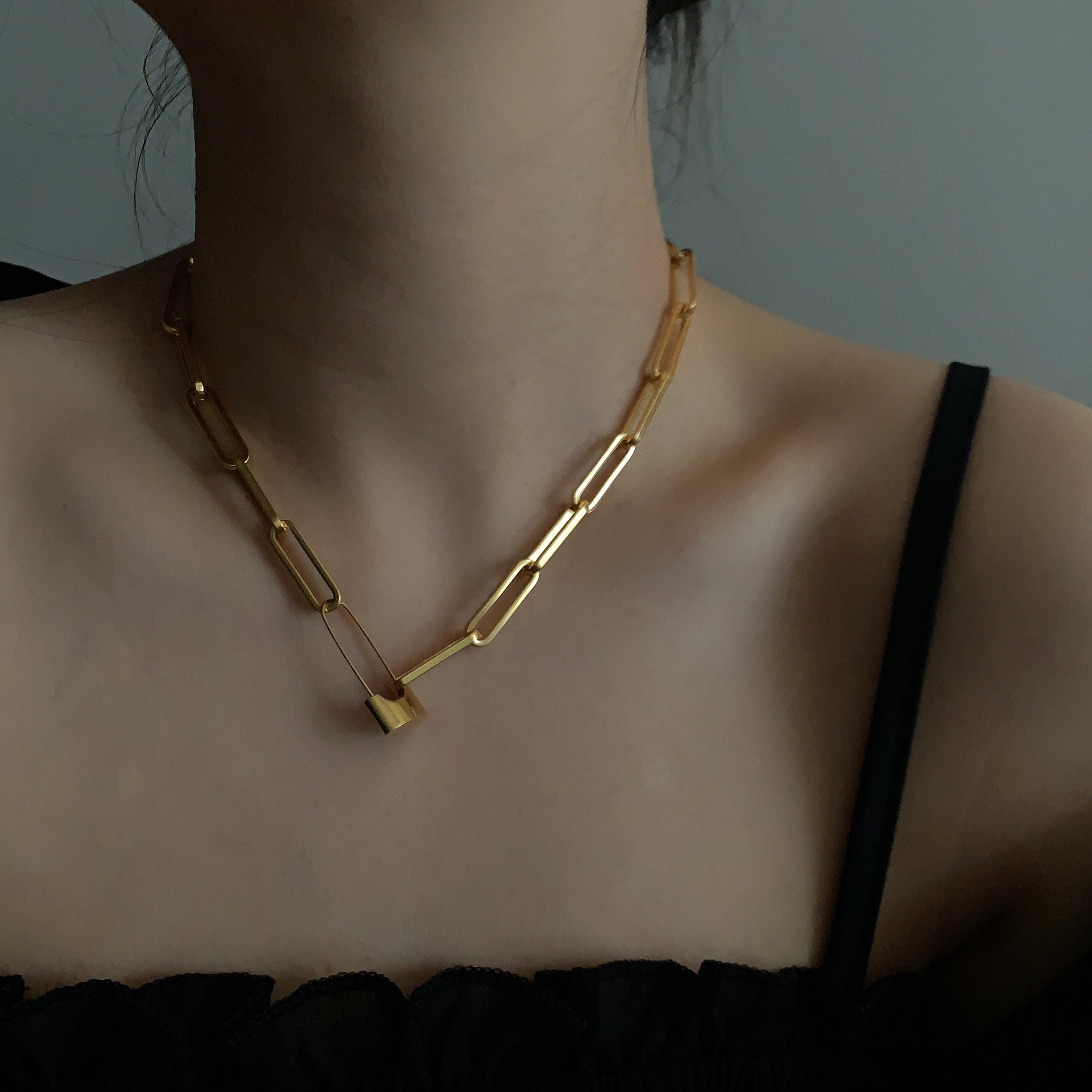 Vintage Distressed Gold Lock Pin Chain Choker Necklace Viralgem Store