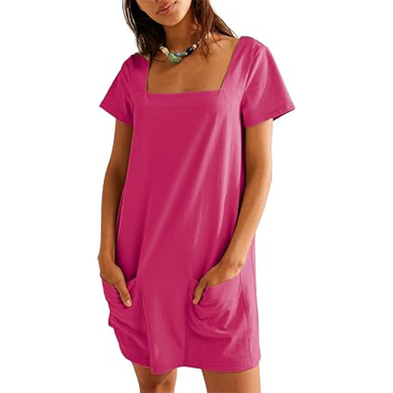 Women's Square Collar Short Sleeve Fashion Pocket Dress