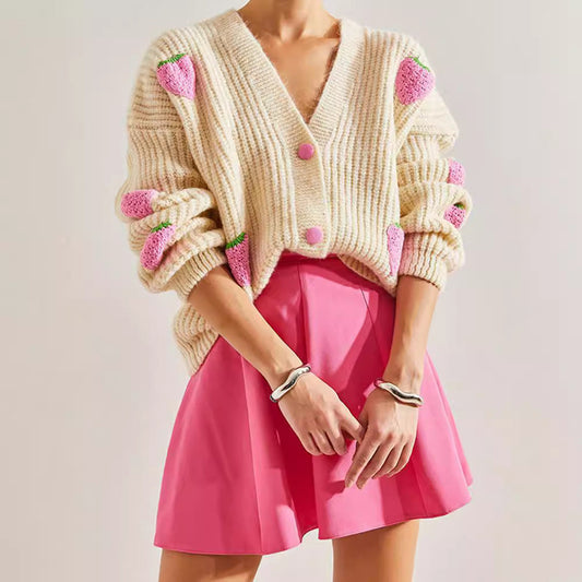 Sweet V-neck Beige Decorative Cardigan Sweater Viralgem Store