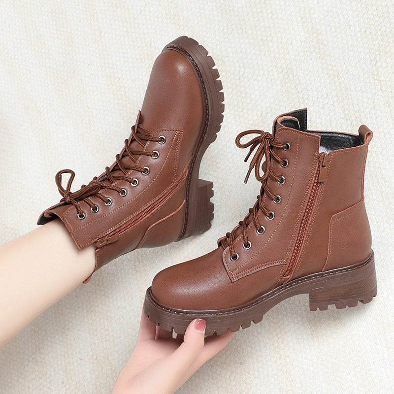 Women's Round Toe Cotton-padded Side Zipper Low Heel Casual Cowhide Shoes Viralgem Store