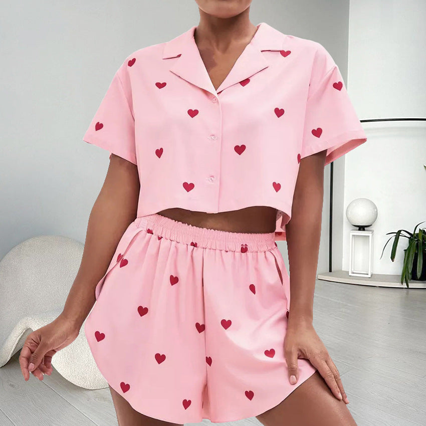 Women's Silk-like Heart Printing Pajamas Two-piece Set Viralgem Store