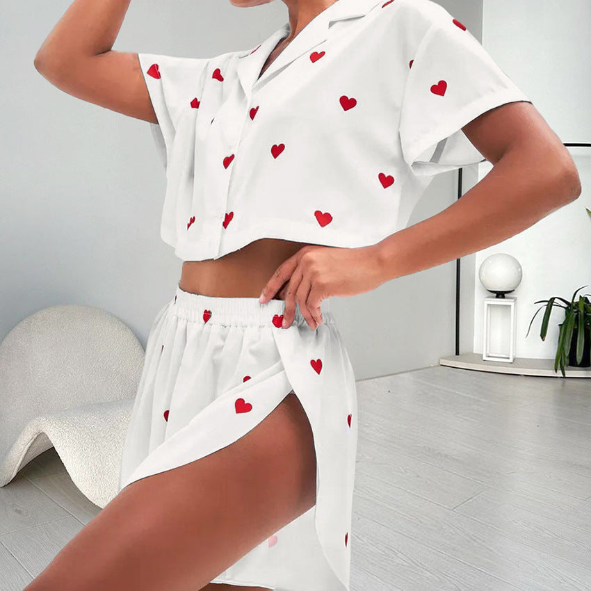 Women's Silk-like Heart Printing Pajamas Two-piece Set Viralgem Store