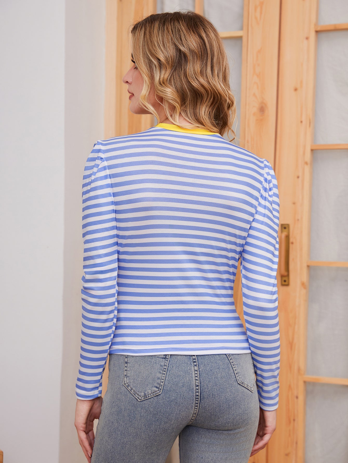 Women's Long Sleeved Striped Round Neck  Top
