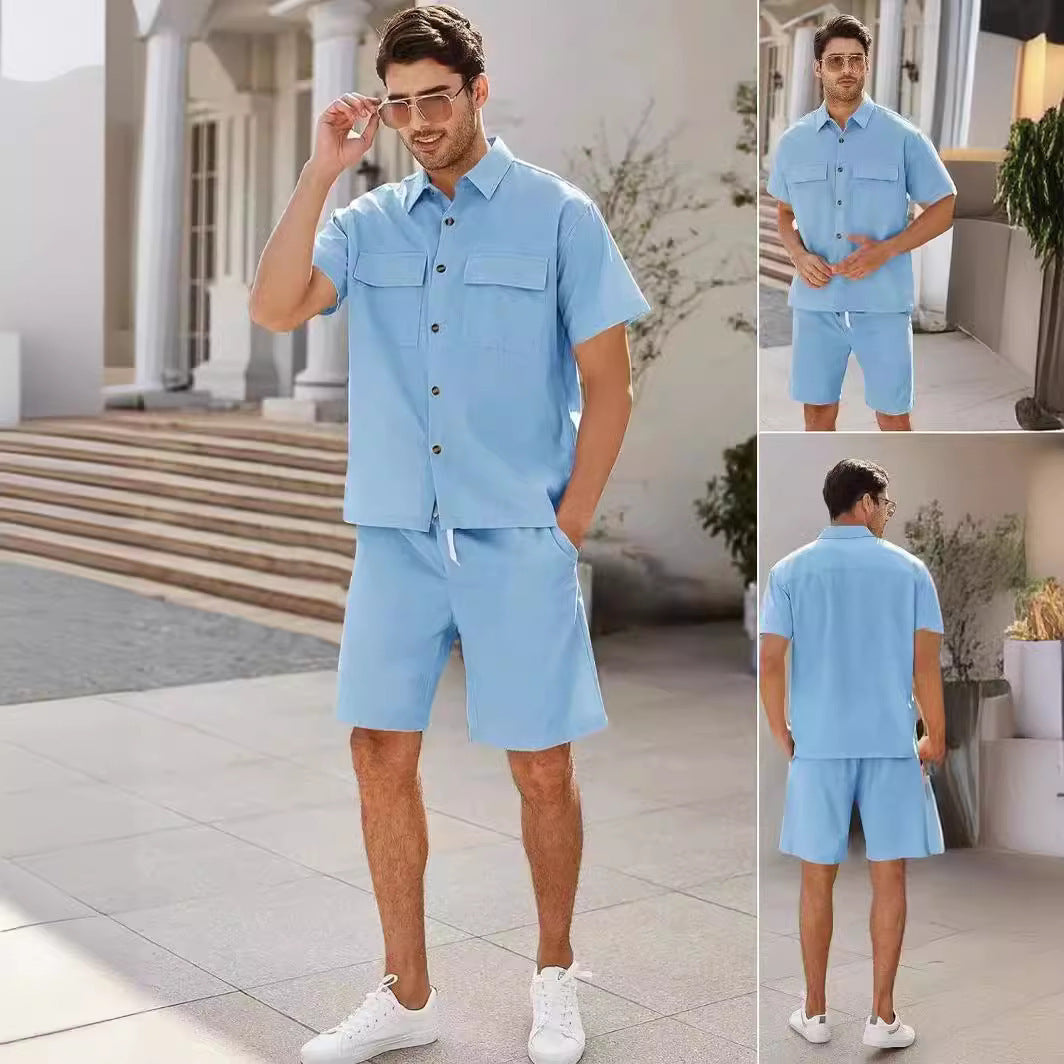 Summer Suits Men Short Sleeve Lapel Pockets Shirt And Drawstring Shorts Sports Fashion Leisure Men's Clothing Viralgem Store